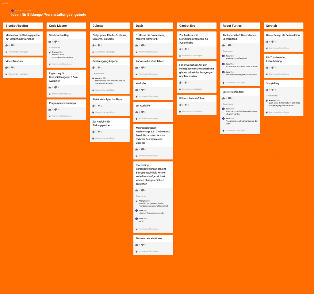 Das Bild zeigt ein Padlet mit Ideen der Bibliothek Euskirchen für Bildungs- und Veranstaltungsangeboten zum Thema Lernroboter